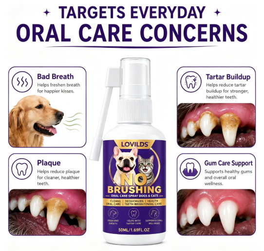 Pet oral care spray freshens breath and protects the mouth