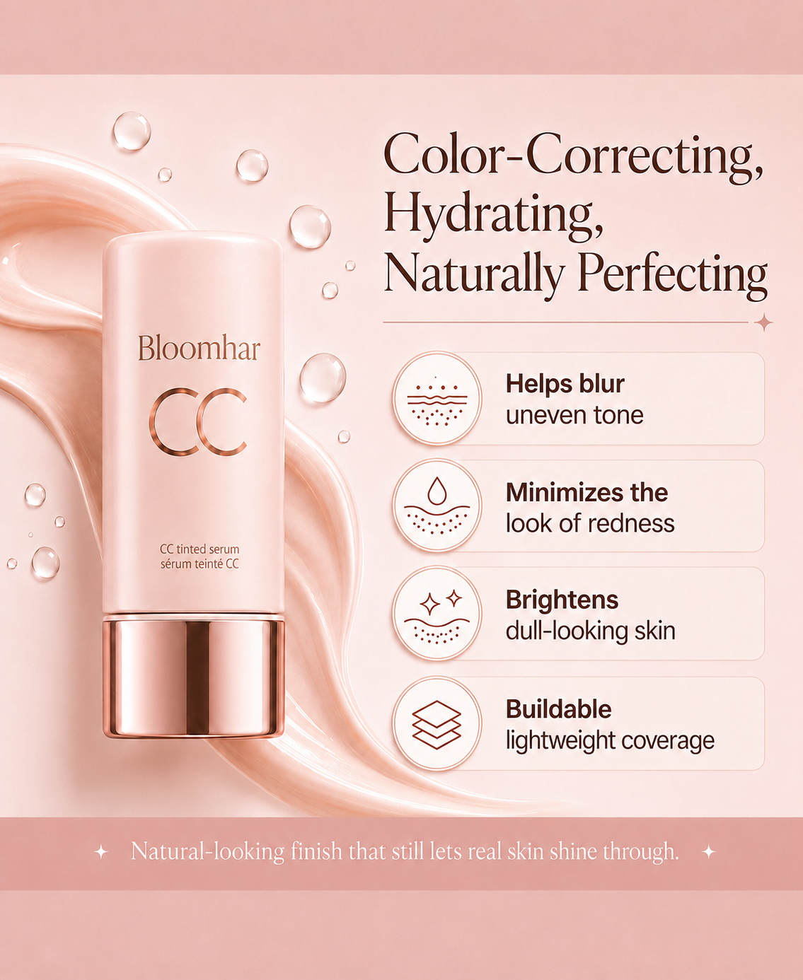 CC Color-Correcting Tinted Serum – Lightweight, Shade-Adaptive Coverage with 24H Hydration & 16H Waterproof Wear