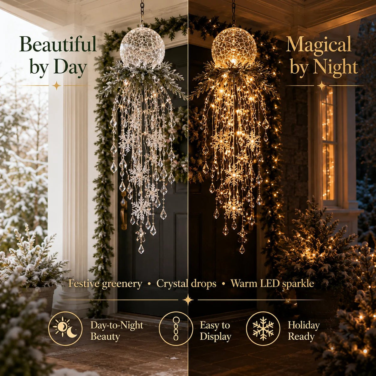 ✨ Crystal Cascade™ Christmas Hanging Porch Light – Overhead LED Crystal Waterfall 💎